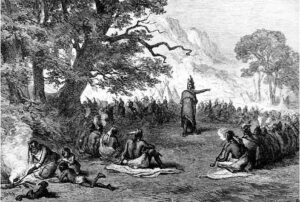 An image of Pontiac planning an attack against the British for they violence against native peoples and occupation of native land.